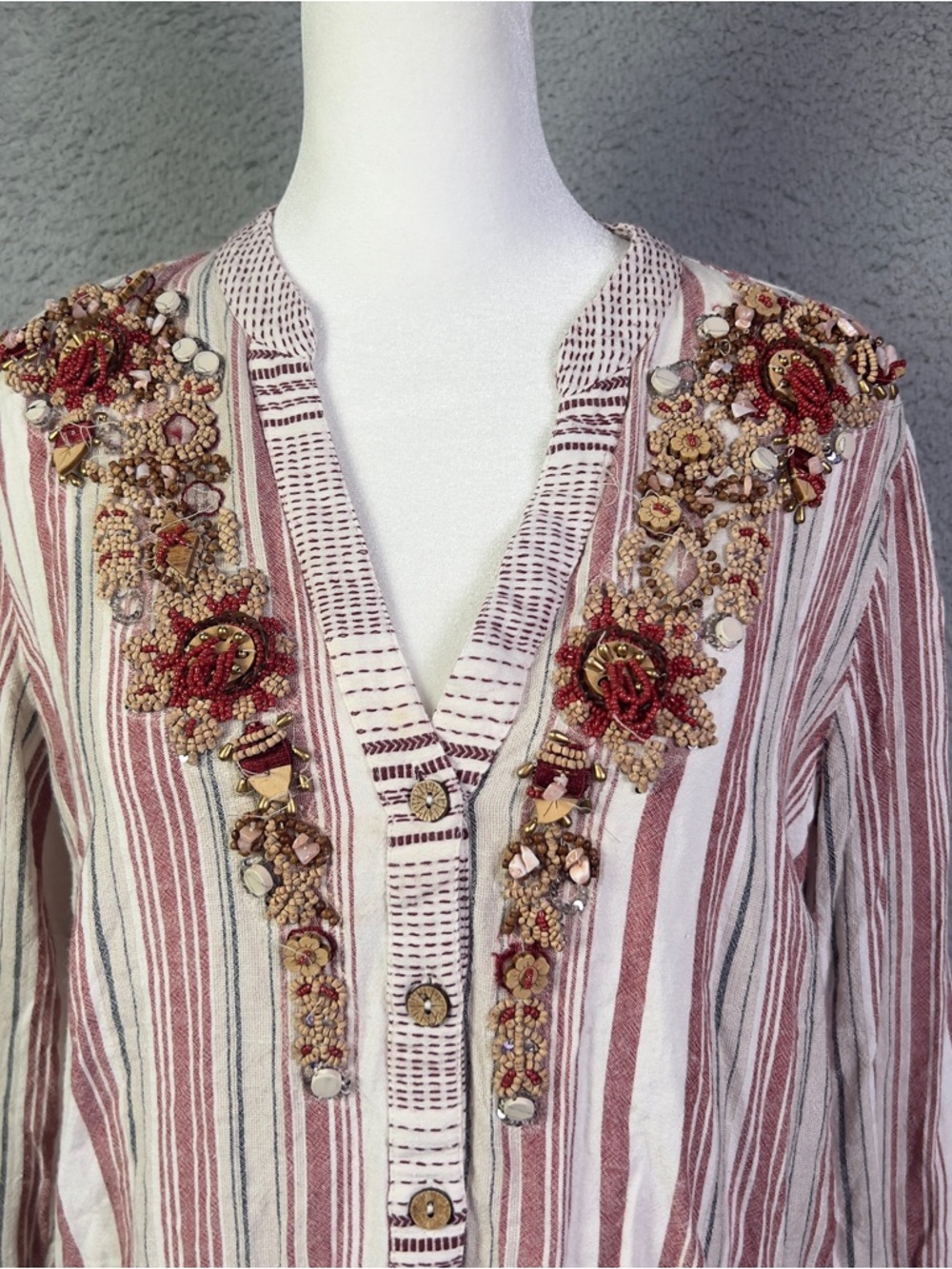 Soft Surroundings Top Womens Medium Multicolor Striped Embellished Button Preppy - Picture 2 of 11